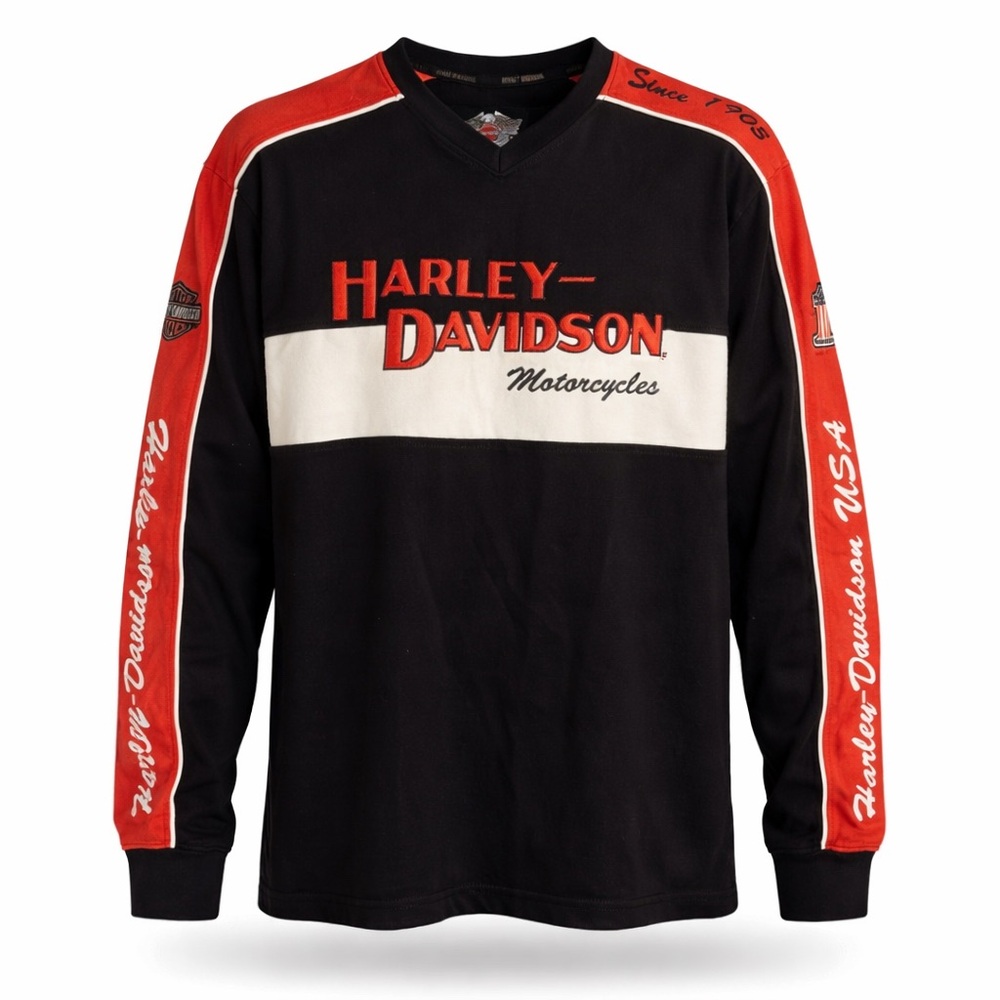 Harley Davidson Racing Long Sleeve Shirt Black Orange Logo Graphic Size M